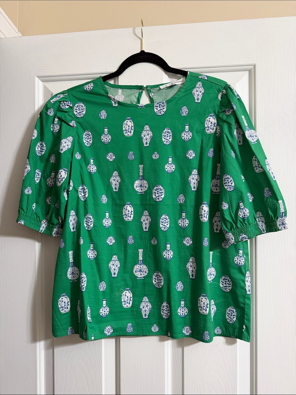 Michelle McDowell Green Blue and White Ginger Jar Chinoiserie Puff Sleeve Blouse